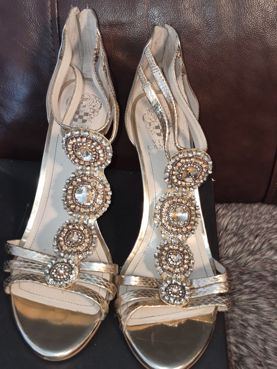 Vince Camuto Shoes - Vince Camuto Gold Jeweled T-Strap Evening Heels